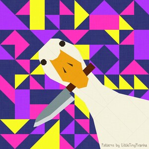 May include: A geometric quilt block design showing a white goose holding a knife, set against a backdrop of pink, yellow, and purple shapes. The goose has black eyes and an orange beak, with a brown handle on the knife.