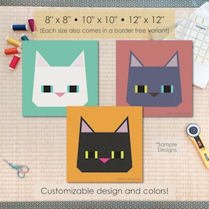 May include: Three square cat art prints in teal, coral, and orange, each featuring a geometric cat face design. Sizes include 8x8 inches, 10x10 inches, and 12x12 inches. The text says "Customizable design and colors!"