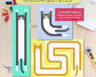 Long Cat, Modular Quilt Block FPP Pattern (PDF Download, Letter/A4 Compatible)