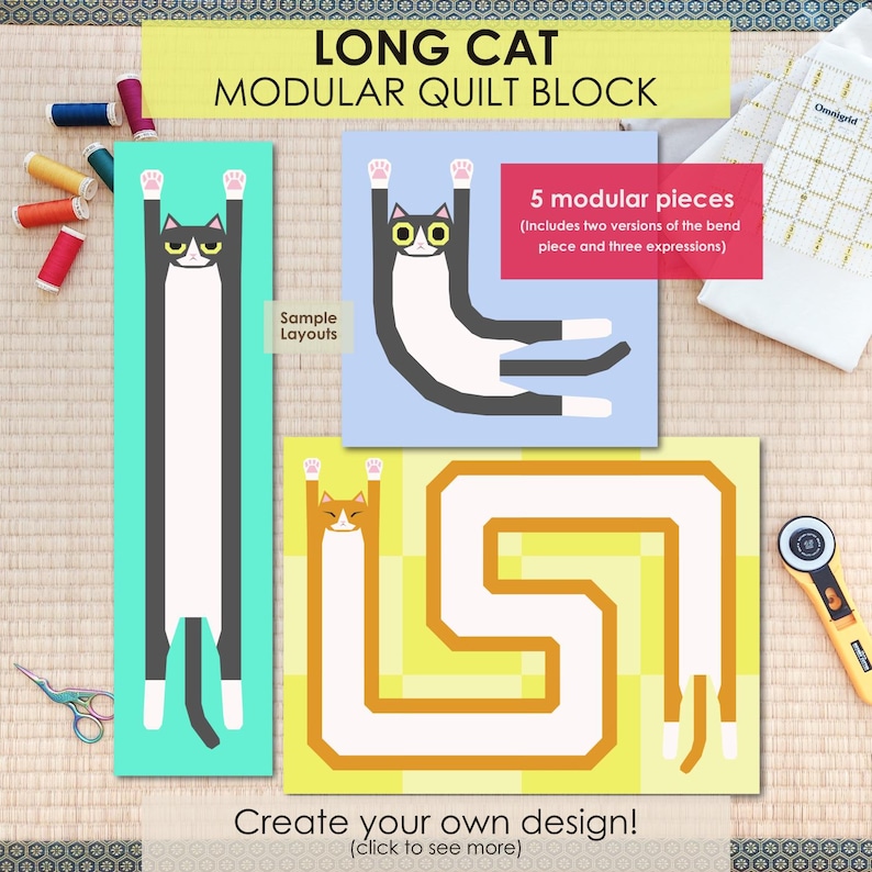 Long Cat, Modular Quilt Block FPP Pattern (PDF Download, Letter/a4 ...