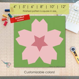 Patrón FPP para bloque de colcha con diseño de flor de cerezo (simplificado): varios tamaños (descarga en PDF, compatible con formato carta/A4).