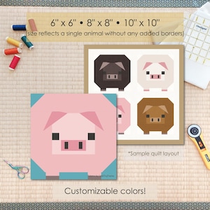 Pig, Farm Animal Quilt Block FPP Pattern: Multiple Sizes (PDF Download, Letter/A4 Compatible)