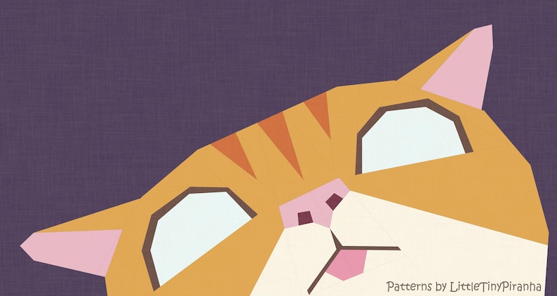 May include: A geometric illustration of an orange tabby cat face with large white eyes, pink ears, and a pink nose against a dark purple background. The text "Patterns by LittleTinyPiranha" is printed in the bottom right corner of the image.