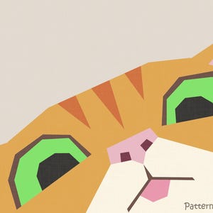 May include: A geometric graphic illustration of an orange tabby cat face with bright green eyes, a pink nose, and white muzzle area. The design features sharp, angular lines and includes the text Patterns by LittleTinyPiranha in the corner.
