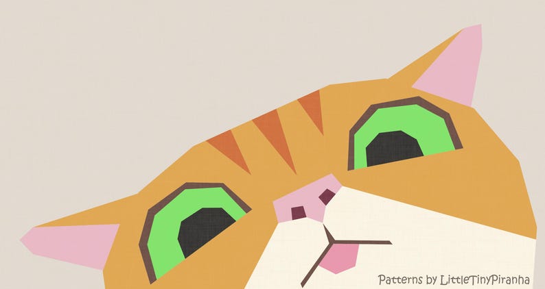 May include: A geometric graphic illustration of an orange tabby cat face with bright green eyes, a pink nose, and white muzzle area. The design features sharp, angular lines and includes the text Patterns by LittleTinyPiranha in the corner.