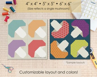Wzór FPP na blok kołdry „Mushroom Quilt Block”: wiele rozmiarów (do pobrania w formacie PDF, format zgodny z Letter/A4)