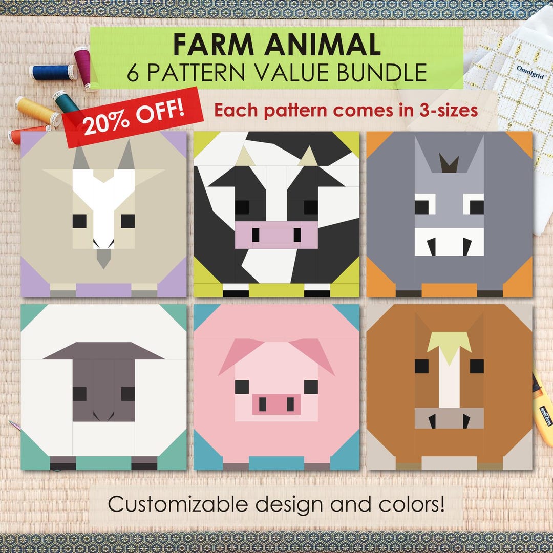 6 Pattern Bundle (20% Off!), Farm Animals - Quilt Block FPP Patterns ...