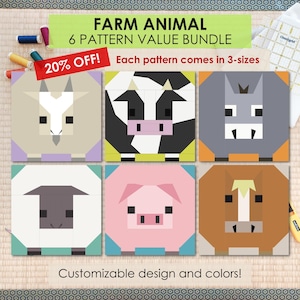 6 Pattern Bundle (20% off!), Farm Animals - Quilt Block FPP Patterns | Multiple Sizes (PDF Download, Letter/A4 Compatible)