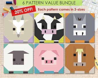Paquete de 6 patrones (¡20% de descuento!), Animales de granja - Patrones de bloques de patchwork FPP / Múltiples tamaños (Descarga en PDF, compatible con Carta/A4)