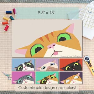 Può includere: Una collezione di opere d'arte a tema gatto. Il pezzo principale è un grande muso di gatto arancione con occhi verdi. Sotto ci sono disegni rettangolari più piccoli con diversi musi di gatto. Il testo recita "Customizable design and colors!". Le dimensioni sono 24.1 cm x 45.7 cm.