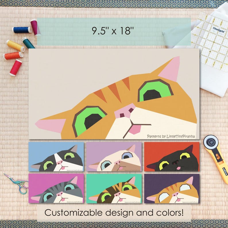 May include: A geometric cat pattern design measuring 9.5 inches by 18 inches. The main image shows an orange tabby cat face with green eyes. Below are six smaller variations of the cat design in different color palettes, including blue, purple, red, pink, teal, and dark purple backgrounds.
