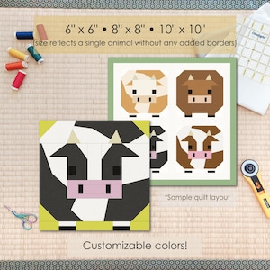 Cow, Farm Animal Quilt Block FPP Pattern: Multiple Sizes (PDF Download, Letter/A4 Compatible)