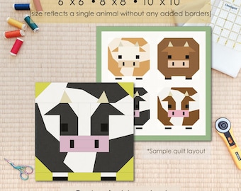 Cow, Farm Animal Quilt Block FPP Pattern: Multiple Sizes (PDF Download, Letter/A4 Compatible)