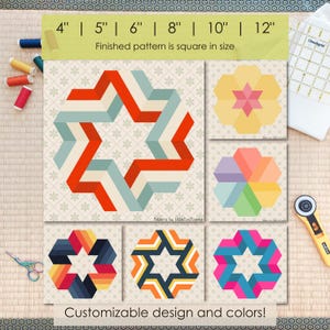 Puede incluir: Un patrón de acolchado digital que muestra seis diseños de estrellas geométricas en varias paletas de colores. El texto dice 4" | 5" | 6" | 8" | 10" | 12" Finished pattern is square in size y Customizable design and colors! Se ven herramientas de costura.