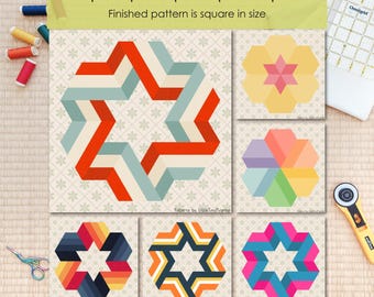 Mönster för Ribbon Star (6-punkts) Quiltblock: Flera storlekar (PDF-nedladdning, kompatibel med Letter/A4)