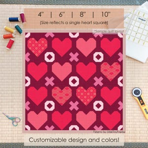 May include: A square fabric design featuring a pattern of red hearts, pink X's, and white geometric shapes. The design is on a burgundy background. The text "Customizable design and colors!" is at the bottom. The size of the heart squares are 4", 6", 8", and 10".