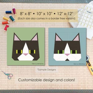 Op de afbeelding: Twee vierkante kattenquiltblokontwerpen, één op een groene achtergrond en één op een blauwe achtergrond. De blokken tonen geometrische kattengezichten in zwart, wit en roze. Maten: 20 cm x 20 cm, 25 cm x 25 cm en 30 cm x 30 cm.