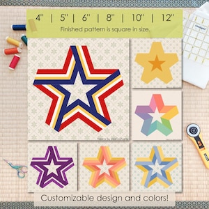 May include: A collection of star-shaped quilt patterns in various colors, including red, blue, yellow, purple, and orange. The patterns are square in size and customizable. The image includes text that reads "4" | 5" | 6" | 8" | 10" | 12"" and "Customizable design and colors!"