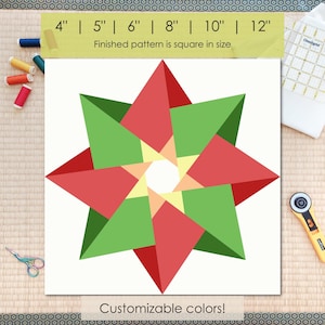 May include: A geometric quilt pattern featuring a starburst design with red and green triangles on a white background. The text indicates the finished pattern is square and customizable. Sizes range from 4 to 12 inches.