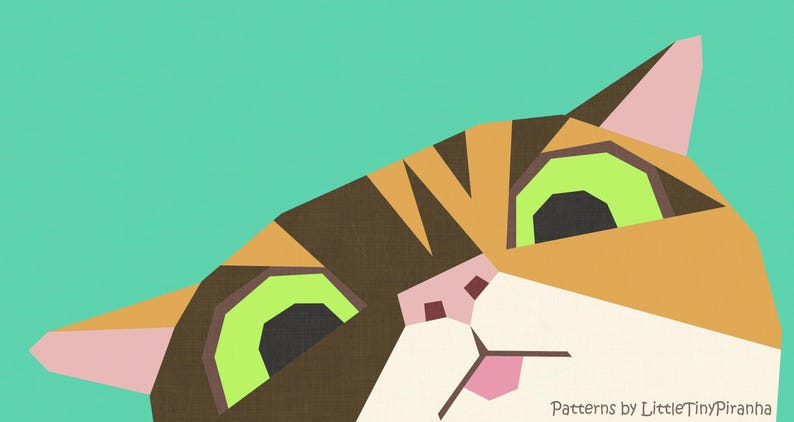May include: A geometric illustration of a cat face featuring brown, orange, and white segments against a teal background. The cat has large lime green eyes with black pupils and a pink nose. The text Patterns by LittleTinyPiranha is visible.