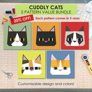 5 Pattern Bundle (20% off!), Cuddly Cats - Quilt Block FPP Patterns | Multiple Sizes (PDF Download, Letter/A4 Compatible)