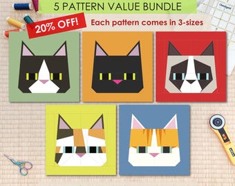 Paquete de 5 patrones (¡20% de descuento!), Gatos adorables - Patrones FPP para bloques de patchwork / Varios tamaños (Descarga en PDF, compatible con tamaño carta/A4)