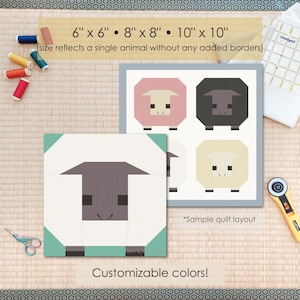 Può includere: Blocchi di trapunte di pecore geometriche in vari colori, tra cui rosa, nero e crema. L'immagine mostra un layout di esempio della trapunta e l'opzione per colori personalizzabili. Dimensioni: 15,24 cm x 15,24 cm, 20,32 cm x 20,32 cm e 25,4 cm x 25,4 cm.