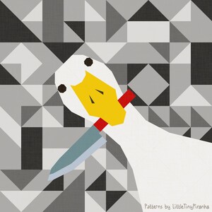 May include: A geometric illustration of a white goose holding a blue knife with a red handle. The goose has a yellow beak and black eyes. The background is a grey and white geometric pattern.