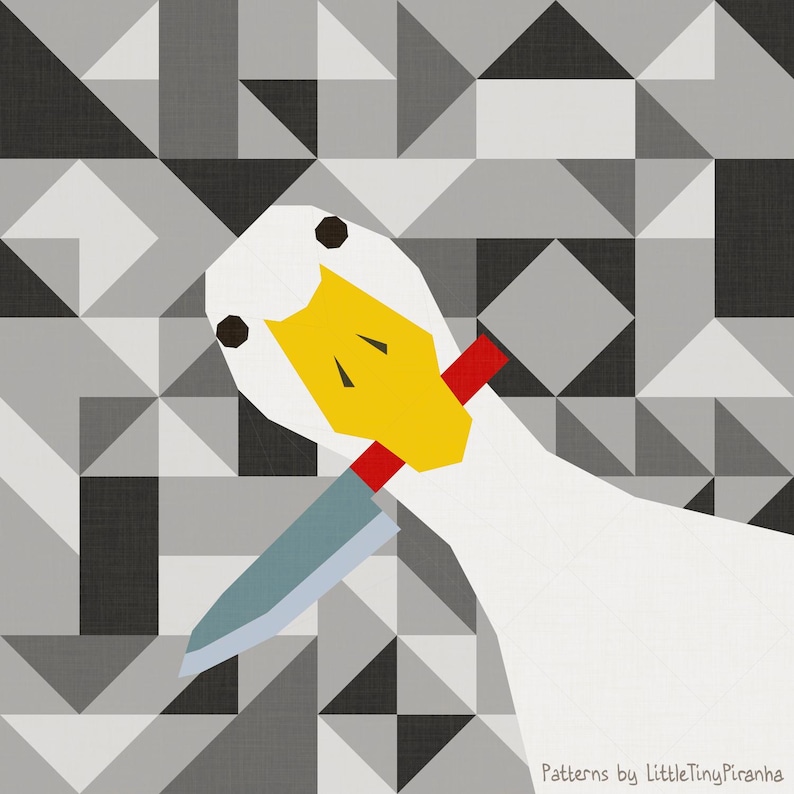 May include: A geometric illustration of a white goose holding a blue knife with a red handle. The goose has a yellow beak and black eyes. The background is a grey and white geometric pattern.