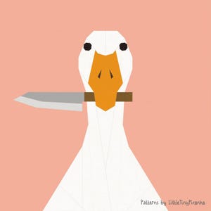 May include: A geometric illustration of a white goose with an orange beak and black eyes, holding a silver knife in its beak. The background is a solid light pink color. Text at the bottom right corner reads "Patterns by LittleTinyPiranha."