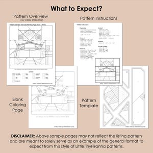 May include: A set of printed pattern documents titled What to Expect, including a Pattern Overview with a legend, Pattern Instructions with sectioned assembly steps, a blank coloring page, and a Pattern Template with labeled geometric shapes.