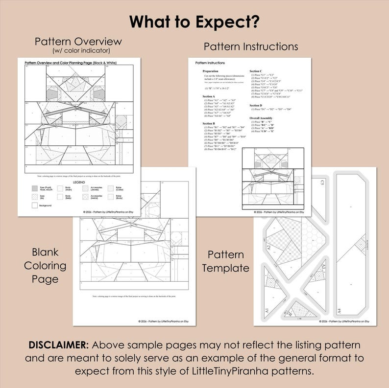 May include: A set of printed pattern documents titled What to Expect, including a Pattern Overview with a legend, Pattern Instructions with sectioned assembly steps, a blank coloring page, and a Pattern Template with labeled geometric shapes.
