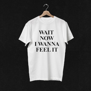 Può includere: Una t-shirt bianca a maniche corte con il testo nero WAIT NOW I WANNA FEEL IT stampato in un carattere serif in grassetto sul petto. Il capo è appeso a una gruccia di legno e presenta un classico girocollo e una vestibilità standard.