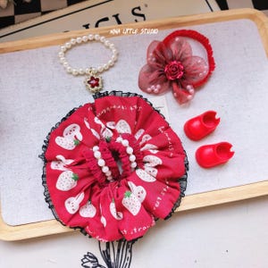 Handmade Labubu outfit with red floral dress and accessories