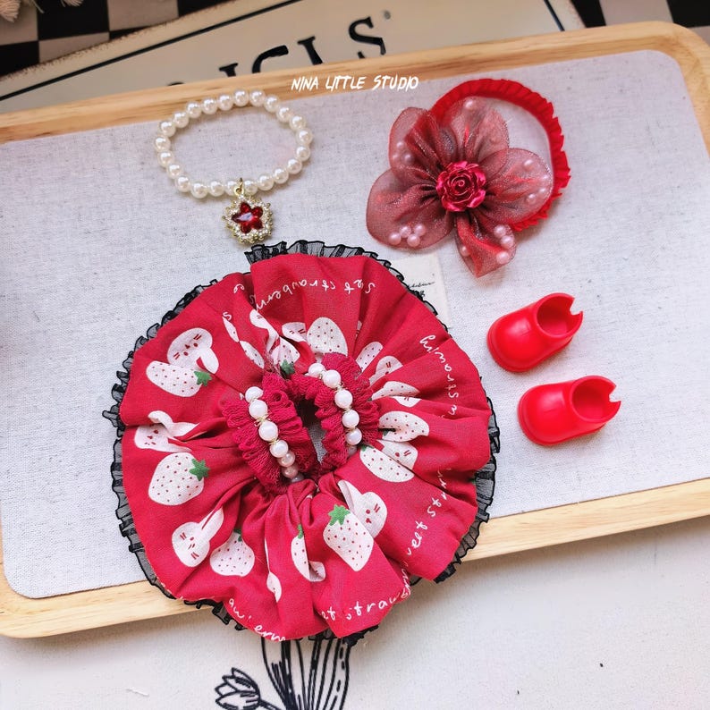 Handmade Labubu outfit with red floral dress and accessories