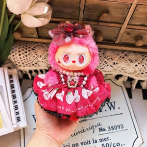 Red floral Labubu outfit designed for 17cm Labubu dolls