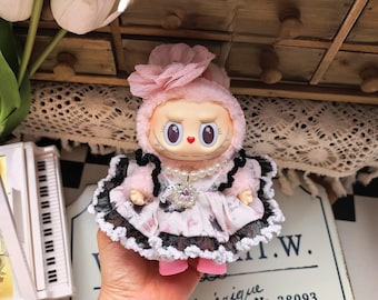 Conjunto de ropa Labubu, atuendo Labubu personalizado, vestido rosa y negro, ropa para muñecas Labubu, accesorios para regalo de cumpleaños