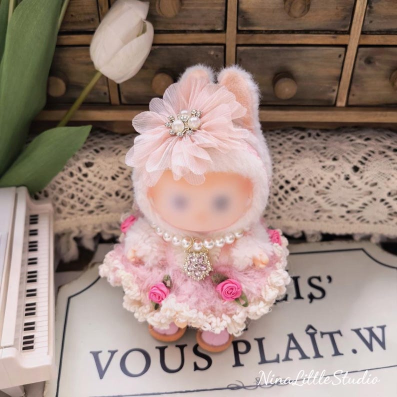 Handmade accessories included with pink crochet rose outfit set