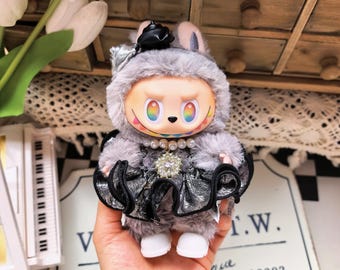 Traje Labubu, vestido de princesa de lujo negro hecho a mano, ropa Labubu coleccionable premium