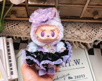 Conjunto de atuendo Labubu, ropa Labubu personalizada, vestido morado y negro, ropa para muñecas Labubu, accesorios para regalo de cumpleaños