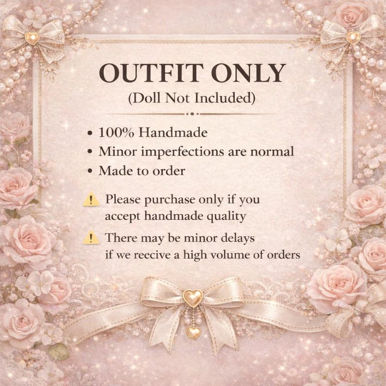 K&ouml;nnte beinhalten: Eine dekorative Karte mit dem Text "OUTFIT ONLY" und "(Doll Not Included)". Die Karte enth&auml;lt auch die Angaben "100% Handmade", "Minor imperfections are normal" und "Made to order". Die Karte ist von rosa Rosen und B&auml;ndern umgeben.