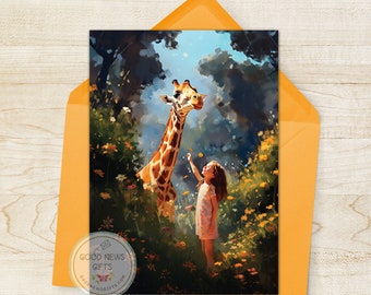 Blumen pflücken mit Giraffe - Grußkarte