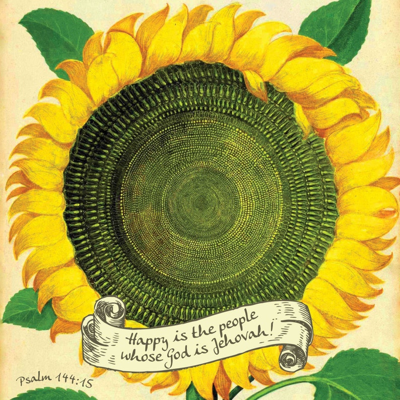 Pu&ograve; includere: Un'illustrazione vintage di un girasole con un centro giallo e petali verdi. Uno scroll con il testo "Beato il popolo il cui Dio &egrave; Geova!" &egrave; in basso nell'immagine. Il testo "Salmo 144:15" &egrave; nell'angolo in basso a sinistra dell'immagine.