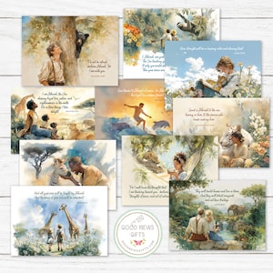 May include: A selection of watercolour art prints depicting scenes with people and animals, such as giraffes, lions, and a sloth. Each print includes inspirational text and a logo that says "GOOD NEWS GIFTS".