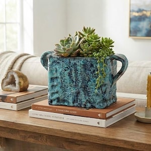 Vaso da fiori vintage in ceramica brutalista / Vaso decorativo con smalto turchese effetto lava / Vaso in ceramica fatto a mano con manici