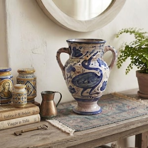 Signed Domingo Punter Spanish Pottery Vase - Cobalt Blue & White Folk Art Urn