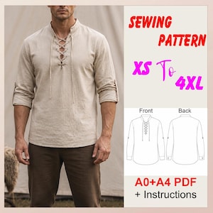 May include: A beige long-sleeve shirt with a lace-up front placket and roll-up sleeves. The image includes text reading SEWING PATTERN XS To 4XL, A0+A4 PDF + Instructions, and a line drawing showing the front and back views of the shirt design.