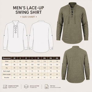 May include: A long-sleeve olive green shirt with a lace-up front placket, a mandarin collar, and roll-up sleeve tabs. The image includes a technical line drawing, a size chart with measurements in centimeters, and text reading MEN'S LACE-UP SWING SHIRT.