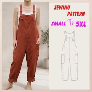 May include: A rust-colored jumpsuit with wide straps, side pockets, and a white tank top underneath. The text SEWING PATTERN SMALL TO 5XL appears next to a black and white line drawing of the jumpsuit, showing the front view with straps and pockets.