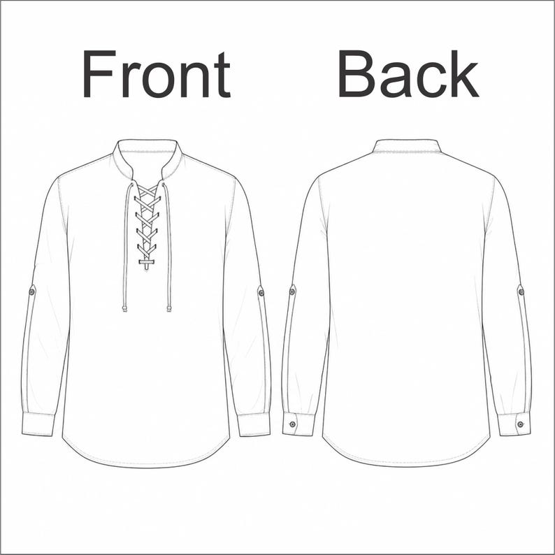 May include: A black and white line drawing of a long-sleeved shirt shown from the front and back. The front view features a lace-up placket with strings, while both sleeves include buttoned tabs for rolling up. The text Front and Back is visible.